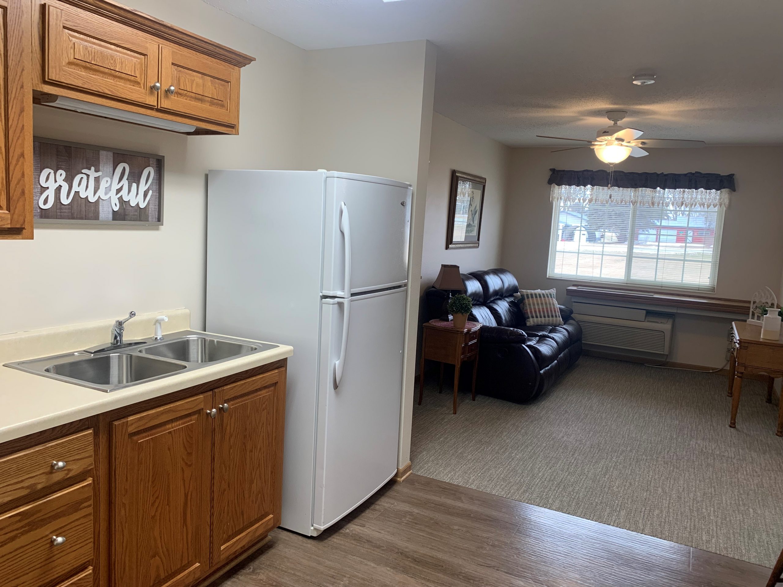 ultrawide picture of kitchen and living room